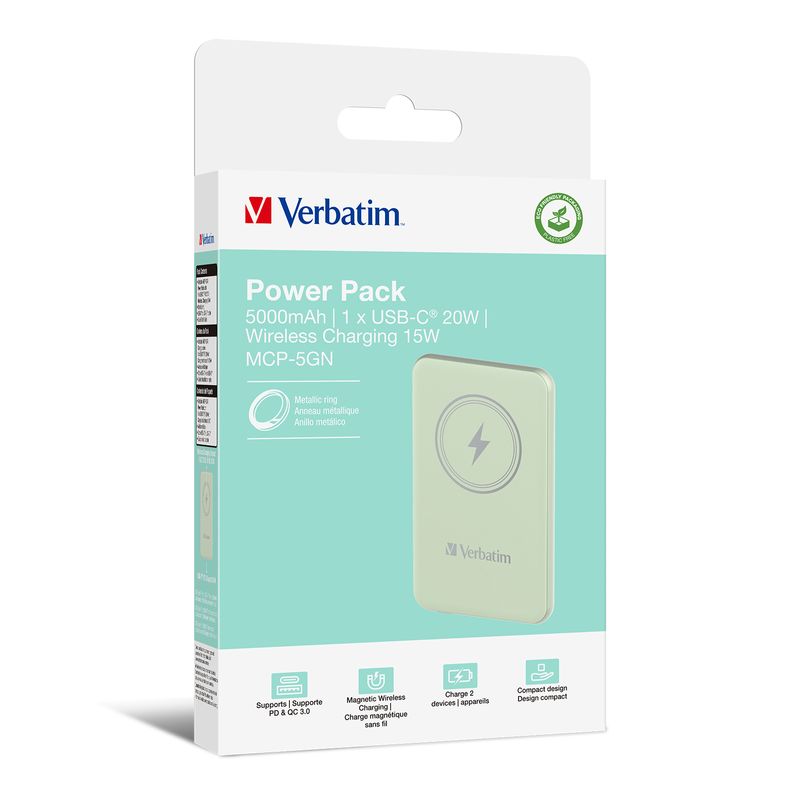 Verbatim-Power-Bank-Wireless-Magnetico-5000-Mah-Verde