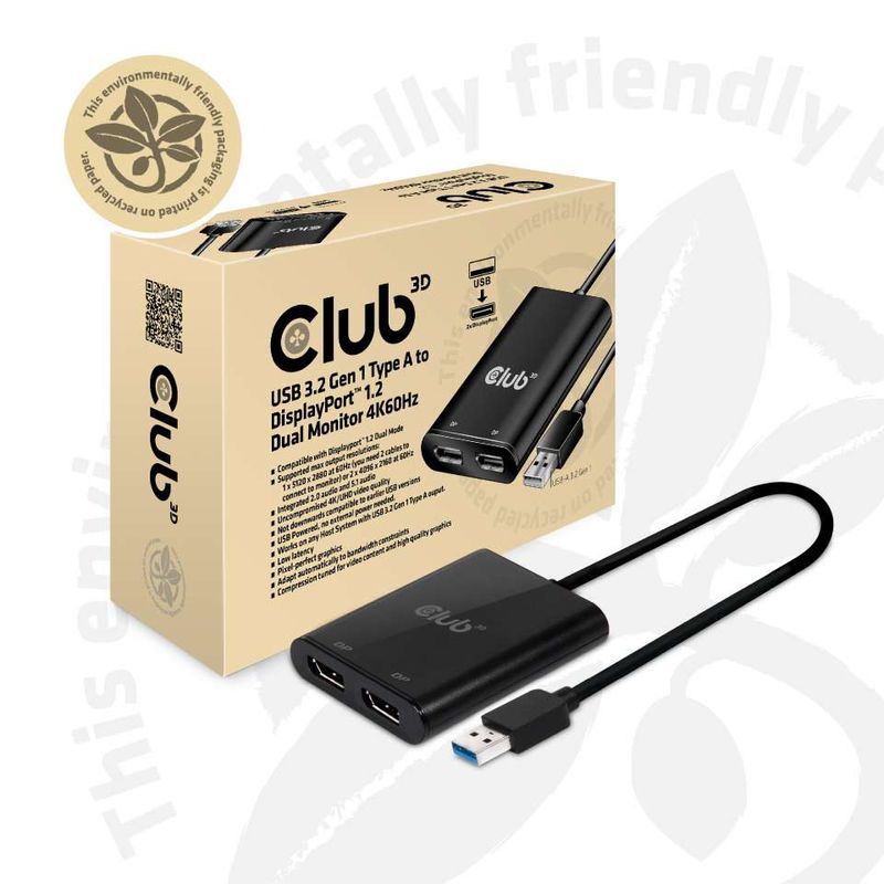 CLUB3D-USB3.2-Gen1-Type-A-to-DisplayPort™1.2-Dual-Monitor-4K60Hz-Video-Splitter