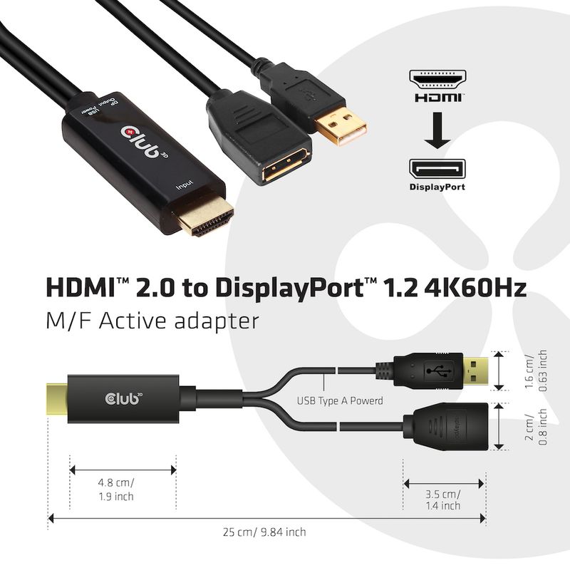 CLUB3D-HDMI-2.0-TO-DISPLAYPORT-1.2-4K60HZ-HDR-M-F-ACTIVE-ADAPTER-Nero