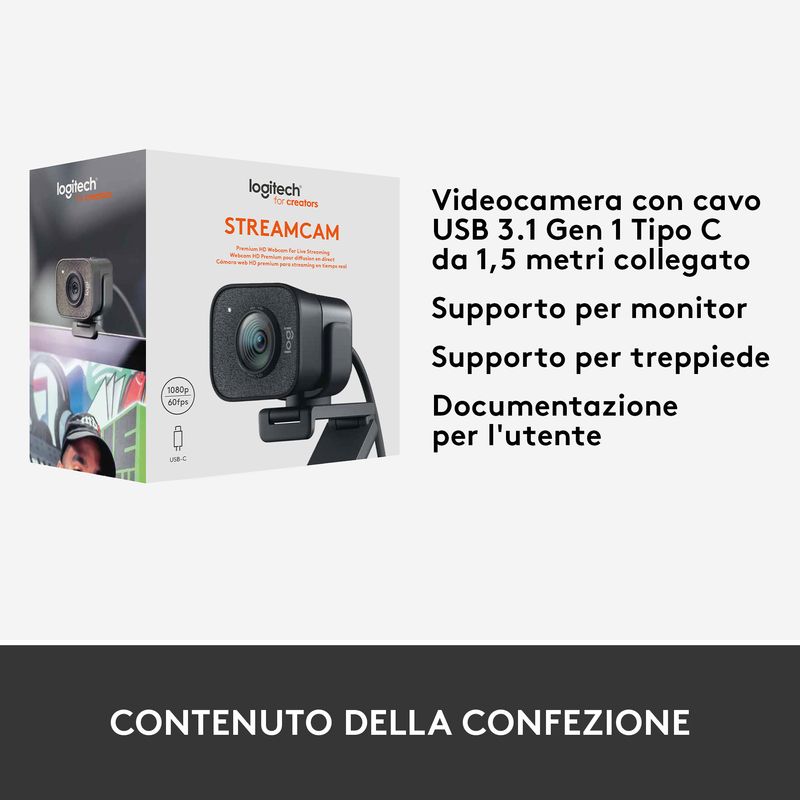 Logitech-for-Creators-StreamCam---Webcam-Premium-per-Streaming-e-Creazione-Contenuti-Video-Full-HD-1080p-60-fps-Lente-in-Vetro-Premium-Messa-a-Fuoco-Automatica-USB-per-PC-Mac.-Grafite