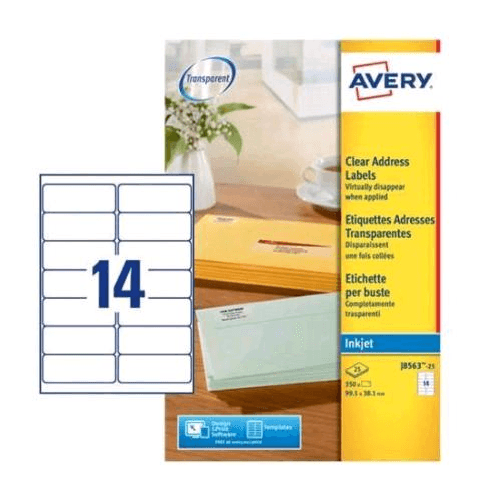 Avery-J8563-25-etichetta-autoadesiva-Trasparente-350-pz