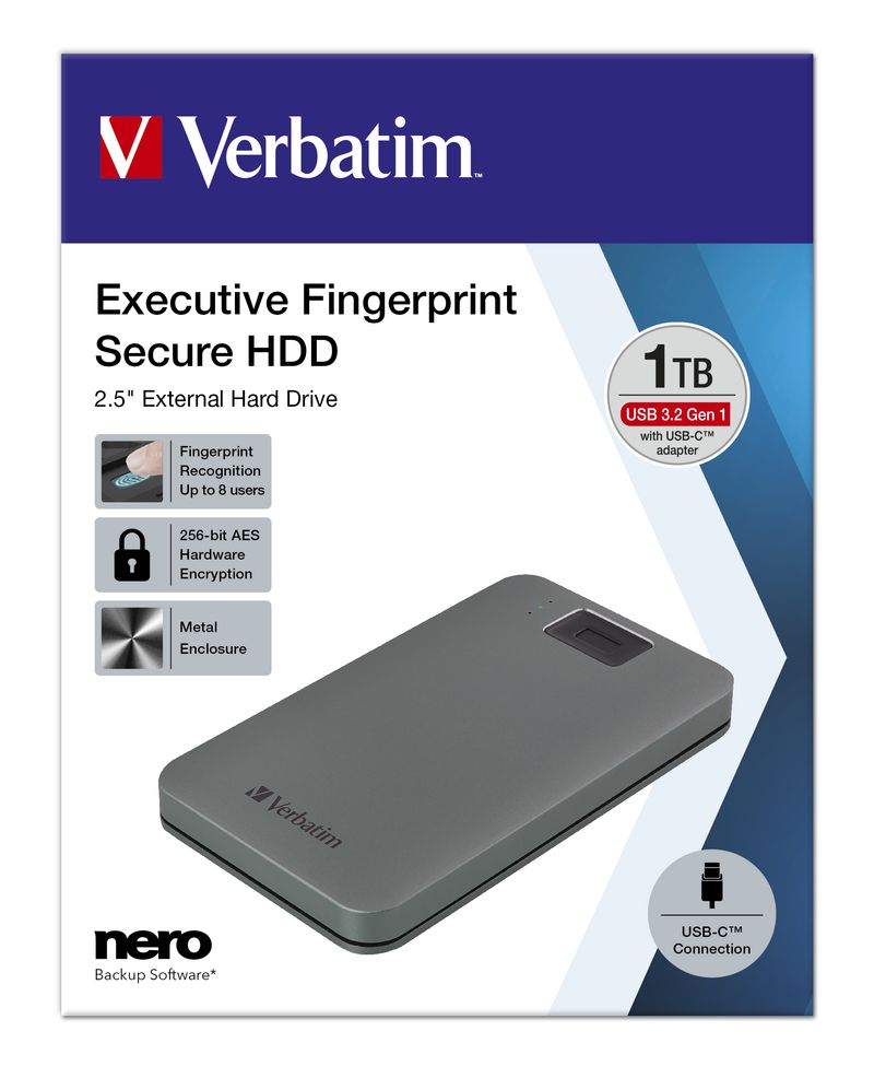 Verbatim-53652-disco-rigido-esterno-1000-GB-Grigio--Verbatim-Executive-Fingerprint-Secure-HDD-USB-3.2-Gen1-1Tb-