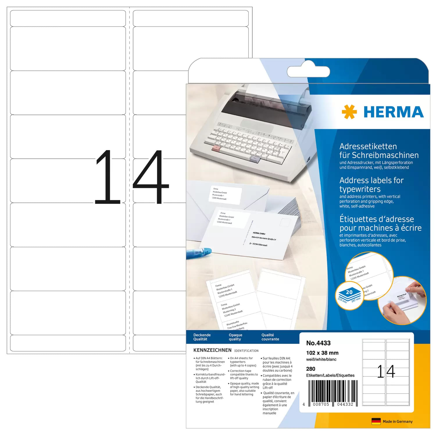 Herma Etichette per indirizzi HERMA etichette per indirizzi 102x38 280 pezzi 1020 x 380 mm bianco