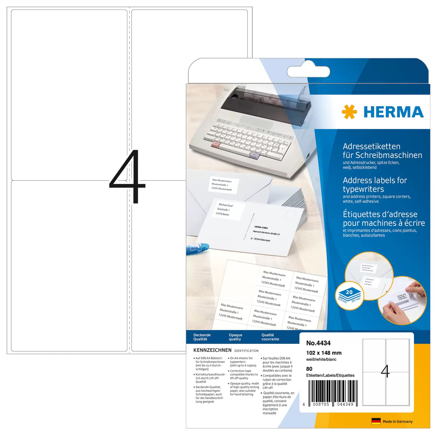 Herma Etichette per indirizzi HERMA etichette per indirizzi 102x148 80 pezzi 1020 x 1480 mm bianco