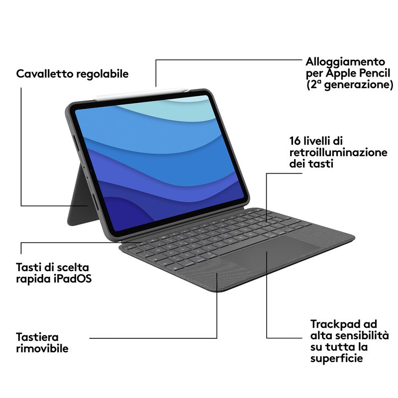 Logitech-Combo-Touch-Custodia-con-Tastiera-per-iPad-Pro-11-pollici--1a-2a-3a-gen---2018-2020-2021----Tastiera-Retroilluminata-Rimovibile-Trackpad-Smart-Connector---Grigio