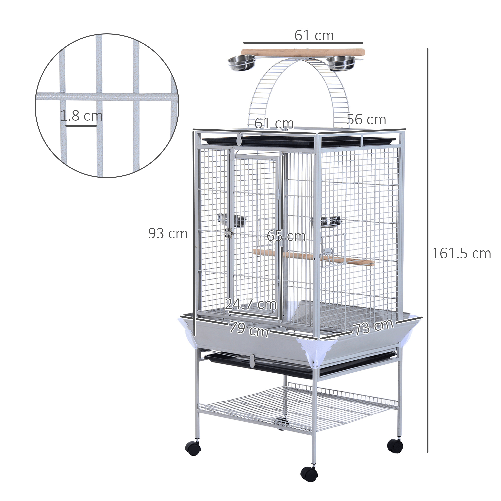 PawHut-Voliera-per-Uccelli-con-Ruote-Altezza-161.5cm-Vaschette-in-Acciaio-e-Trespoli-in-Legno-Argento