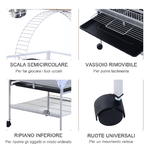 PawHut-Voliera-per-Uccelli-con-Ruote-Altezza-161.5cm-Vaschette-in-Acciaio-e-Trespoli-in-Legno-Argento