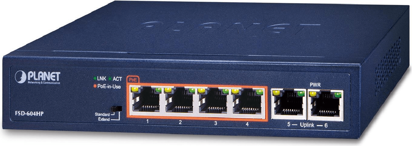 PLANET 4 porte 10/100TX 802.3at POE  Fast Ethernet non gestito (10/100) Power over Ethernet (PoE) Blu (FSD-604HP-SD)