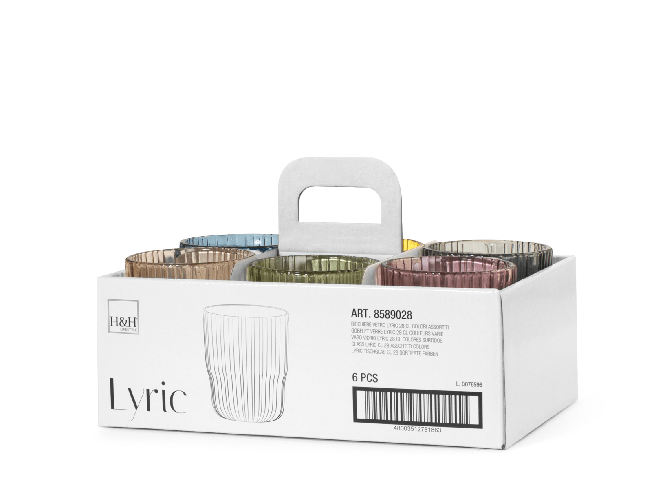 H&H 6 bicchieri Lyric in pasta di vetro lavorato impilabile colori assortiti cl 28.