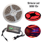 STRISCIA STRIP LED 5050 5M ADESIVA LUCE IP65 ALIMENTATORE 12V 5A ROSSO 12W/M