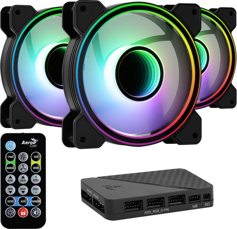 LOT-DE-3-VENTILATEURS-DE-BOITIER-AEROCOOL-MIRAGE-PRO-RGB-12CM--NOIR--AVEC-HUB-ET-TLCOMMANDE