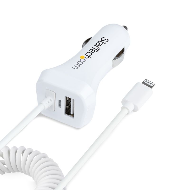 StarTech.com-Caricatore-da-auto-USB-con-cavo-Lightening-a-spirale-integrato-1m--Adattatore-accendisigari-a-2-porte-USB-per-Cellulari-Tablet-iPhone--Carica-Batterie-per-auto-12W---Bianco--USBLT2PCARW2-