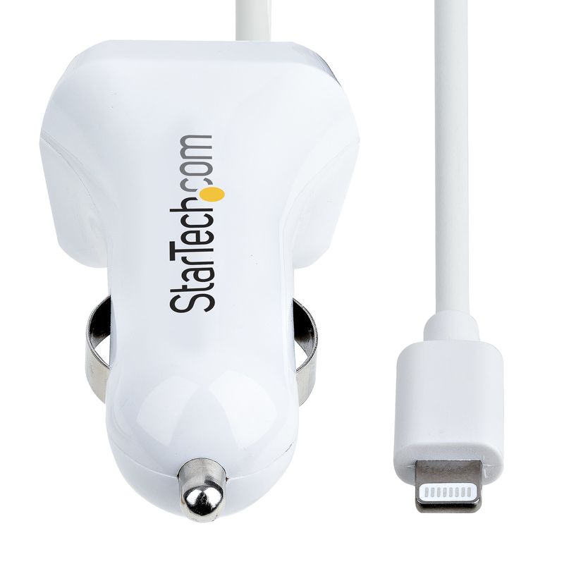 StarTech.com-Caricatore-da-auto-USB-con-cavo-Lightening-a-spirale-integrato-1m--Adattatore-accendisigari-a-2-porte-USB-per-Cellulari-Tablet-iPhone--Carica-Batterie-per-auto-12W---Bianco--USBLT2PCARW2-