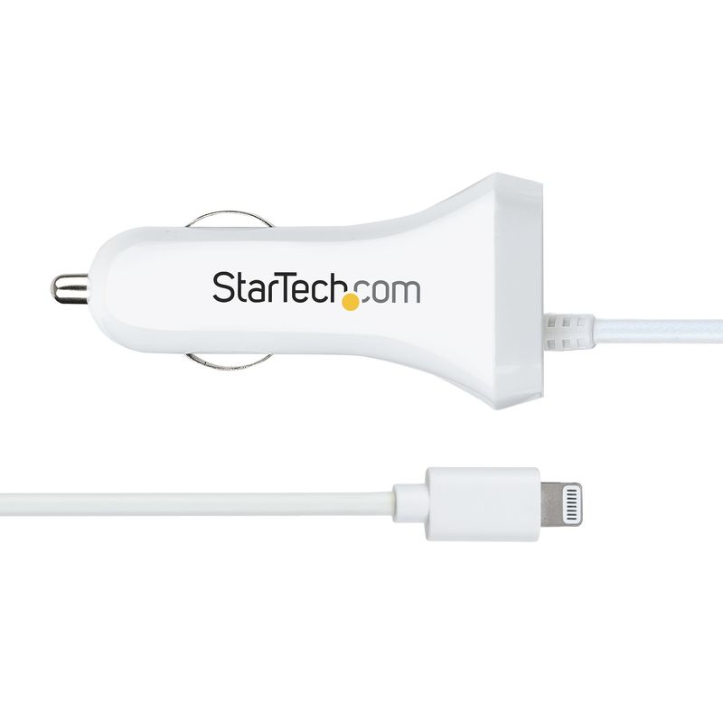 StarTech.com-Caricatore-da-auto-USB-con-cavo-Lightening-a-spirale-integrato-1m--Adattatore-accendisigari-a-2-porte-USB-per-Cellulari-Tablet-iPhone--Carica-Batterie-per-auto-12W---Bianco--USBLT2PCARW2-