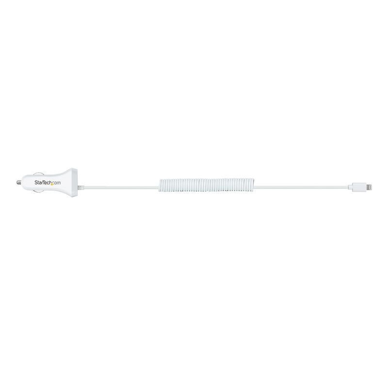 StarTech.com-Caricatore-da-auto-USB-con-cavo-Lightening-a-spirale-integrato-1m--Adattatore-accendisigari-a-2-porte-USB-per-Cellulari-Tablet-iPhone--Carica-Batterie-per-auto-12W---Bianco--USBLT2PCARW2-