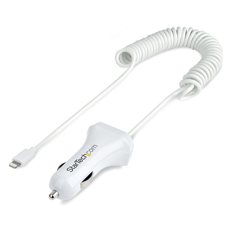 StarTech.com-Caricatore-da-auto-USB-con-cavo-Lightening-a-spirale-integrato-1m--Adattatore-accendisigari-a-2-porte-USB-per-Cellulari-Tablet-iPhone--Carica-Batterie-per-auto-12W---Bianco--USBLT2PCARW2-