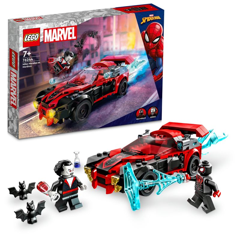 LEGO-76244-Marvel-Miles-Morales-vs.-Morbius-Spider-Man-Giocattolo-da-Costruire-per-Bambini-e-Bambine-con-Macchina-da-Corsa-e-Minifigure-di-Spidey