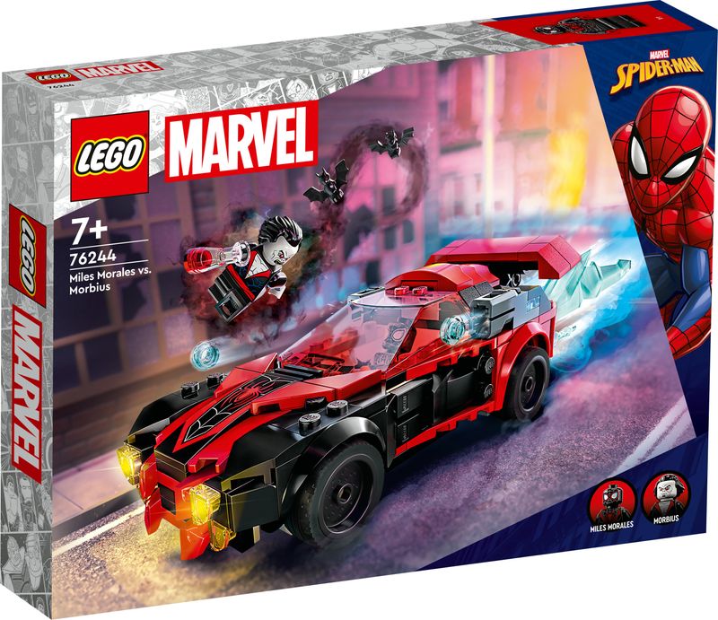 LEGO-76244-Marvel-Miles-Morales-vs.-Morbius-Spider-Man-Giocattolo-da-Costruire-per-Bambini-e-Bambine-con-Macchina-da-Corsa-e-Minifigure-di-Spidey