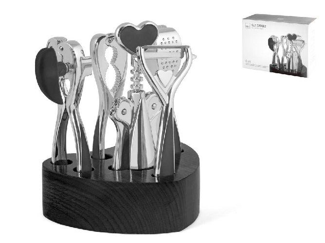 Set H&H new  6 Gadgets Da Cucina Con Stand In Legno 11x14x19 cm
