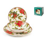 H&H Servizio Tavola 18 Pezzi Holly Jolly Stoneware Decorato, Bianco Rosso E Verde