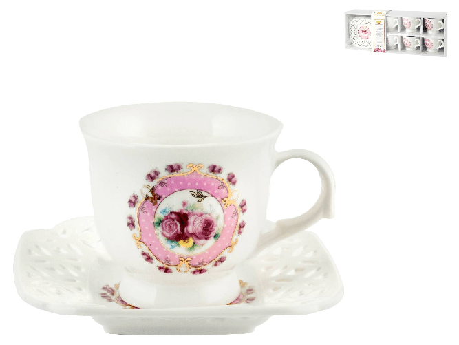 Confezione 6 Tazzine Caffe' In Porcellana Decoro Fiori Rosa Co Royal Norfolk
