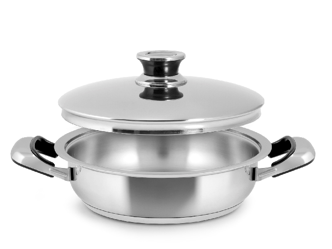 Tegame 2 Manici In Acciaio Inox 18/10 Con Coperchio, Manici In Bachilite Cm 30. Adatta A Tutti I Piani Cottura Compreso Il Piano Ad Induzione