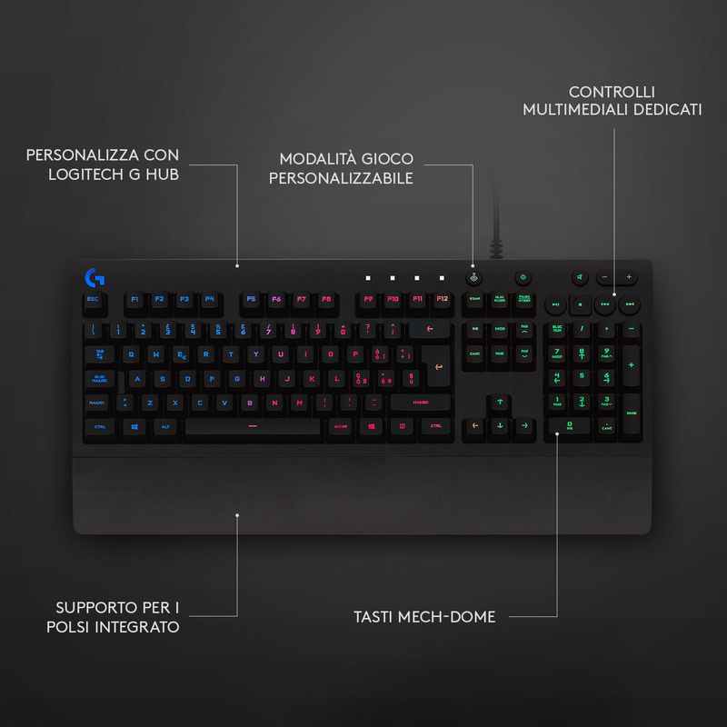 Logitech-G213-Prodigy-Tastiera-Gaming-Cablata-LIGHTSYNC-RGB-Tasti-Retroilluminati-Resistente-Agli-Schizzi-Tasti-Personalizzabili-Controlli-Dedicati-Multimediali-QWERTY-Layout-Italiano-Nero