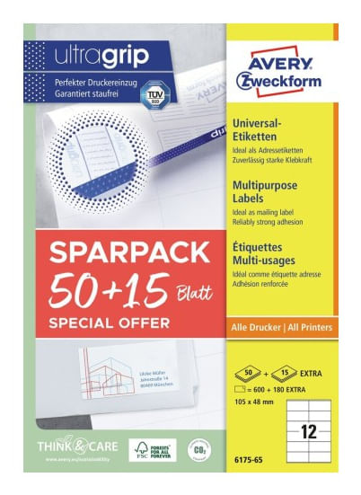 Avery-Zweckform-6175-65-Universal-Etiketten-105-x-48-mm-Papier-Weiß-65-Blatt-Permanent-haftend-Tintenstrahldrucker-Lase