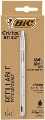 BIC-Cristal-Re-New-Penna-Ricaricabile-Nera-a-Sfera-Fusto-in-Metallo--Punta-1mm--Confezione-1-Penna---2-Ricariche