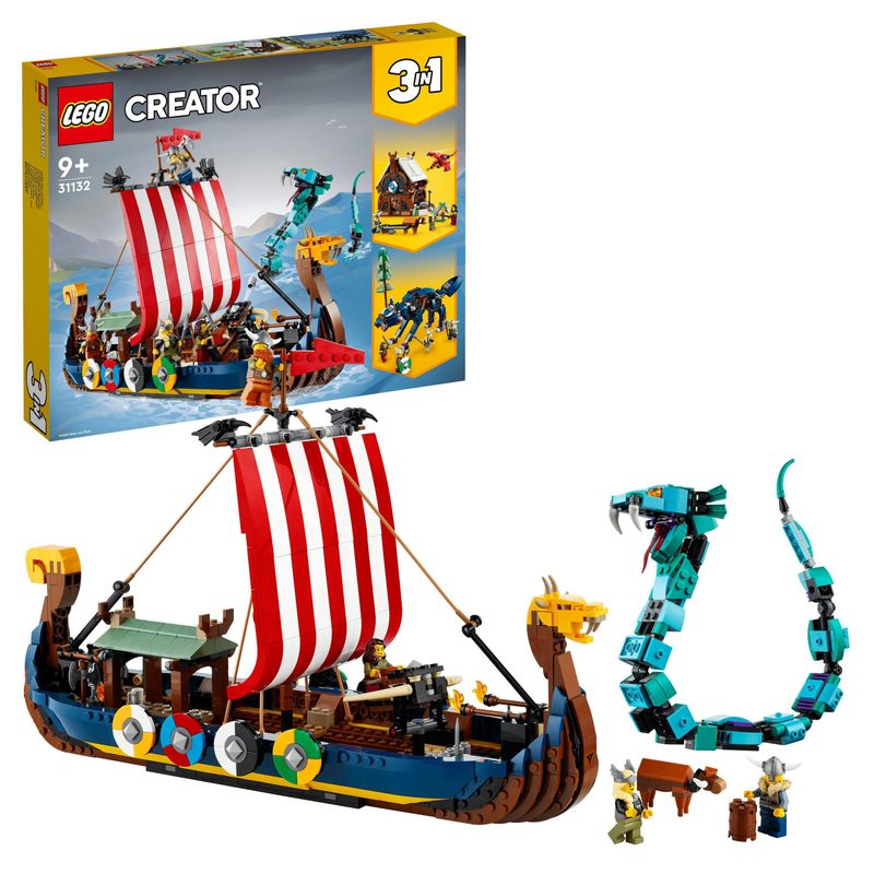 LEGO-Creator-3-in-1-31132-Nave-Vichinga-e-Jormungandr-Casa-Giocattolo-Drago-e-Lupo-Snodabili-Giochi-per-Bambini